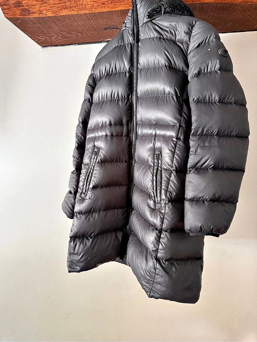 Coach Long Puffer Jacket with Sherpa Hood Puffer Coat Black Small